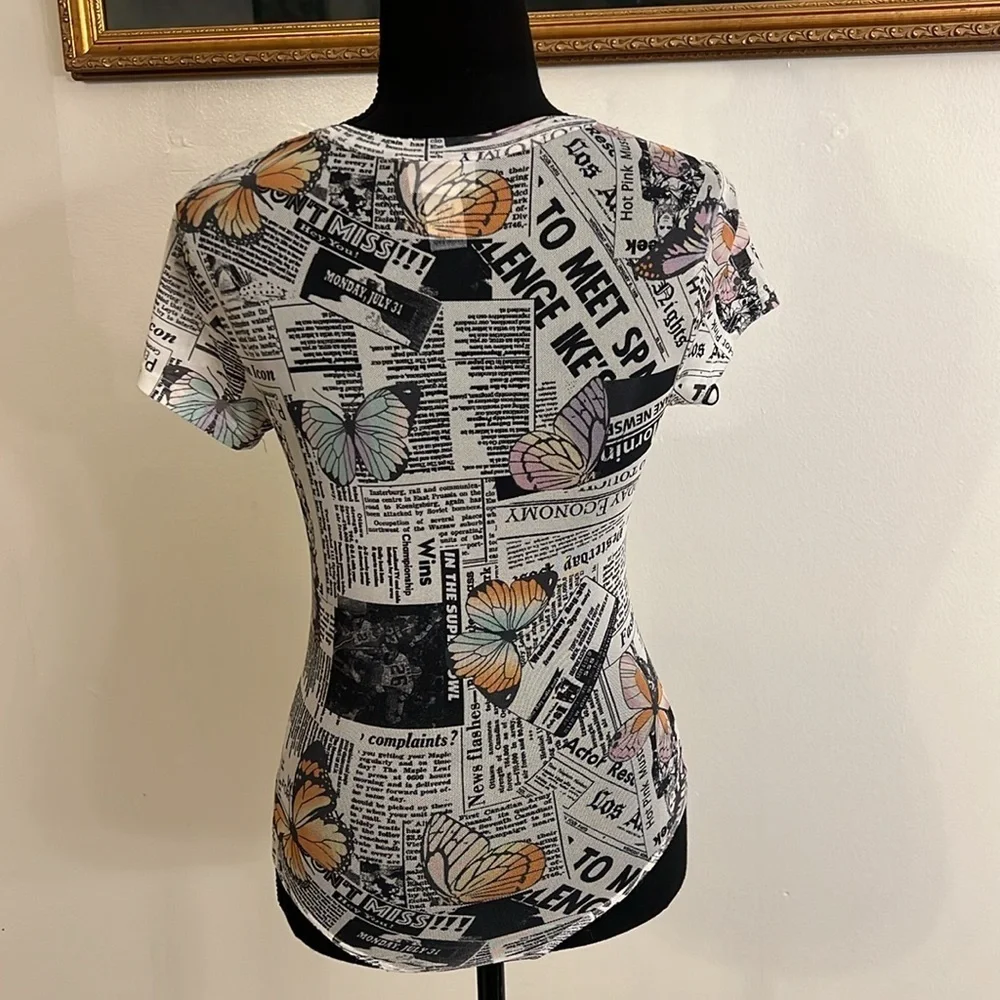 White Black Color Butterfly Newspaper Print Bodysuit by Rue 21, Sz. XS. - Picture 3 of 8